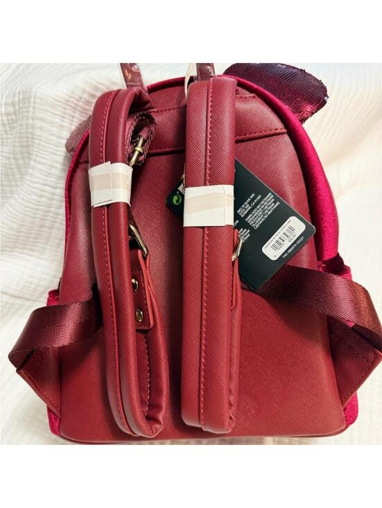 Disney Loungefly Minnie Mouse Velvet Sequin Bow Mini Backpack Burgundy Red NWT main image 5